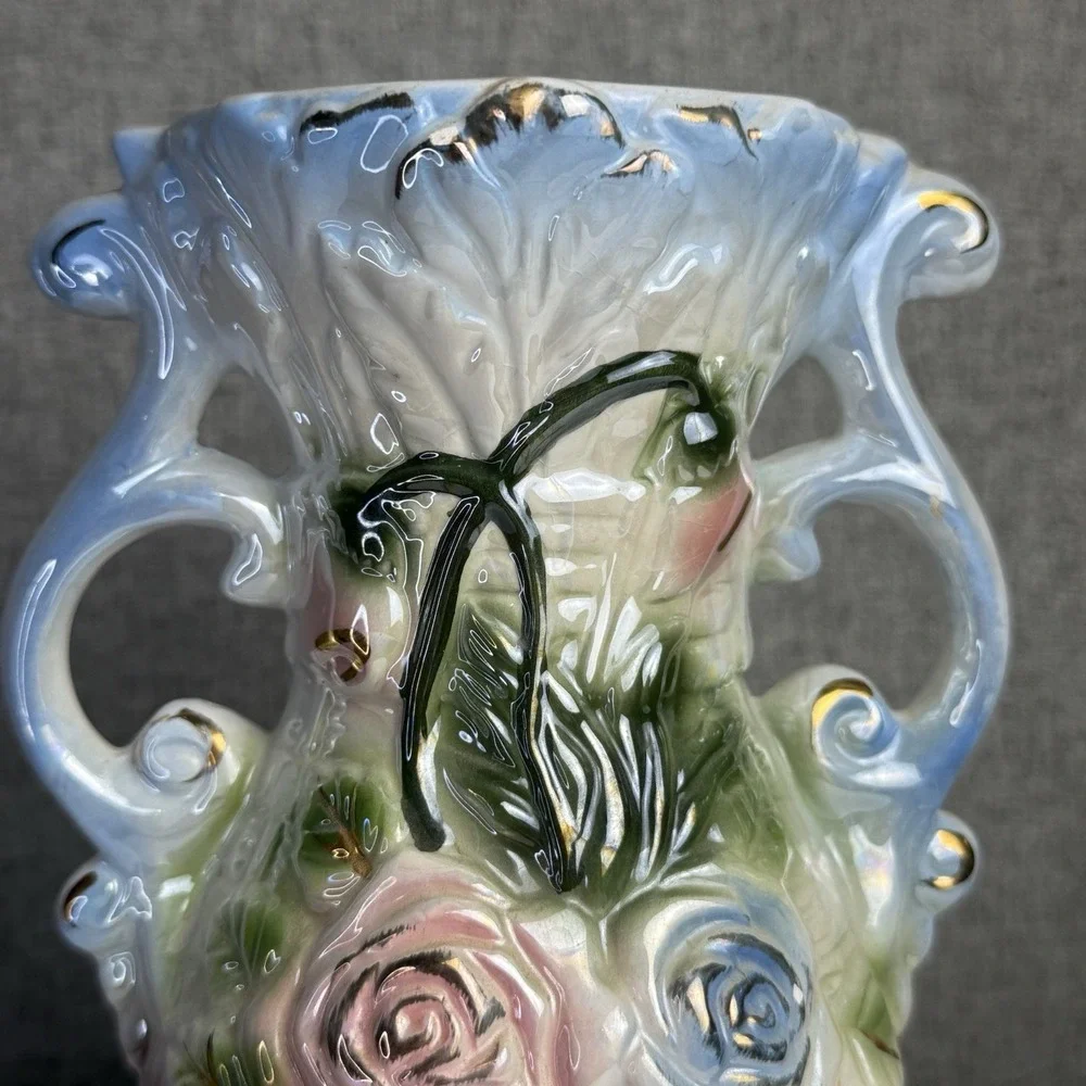 Vintage‎ Iridescent Hollywood Rococo Ceramic Dual Handle Floral Blue Pink Vase